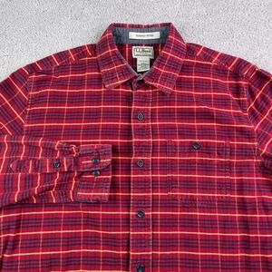 LL Bean Shirt Mens Medium Red Checkered Flannel Button Up Slightly Fitted